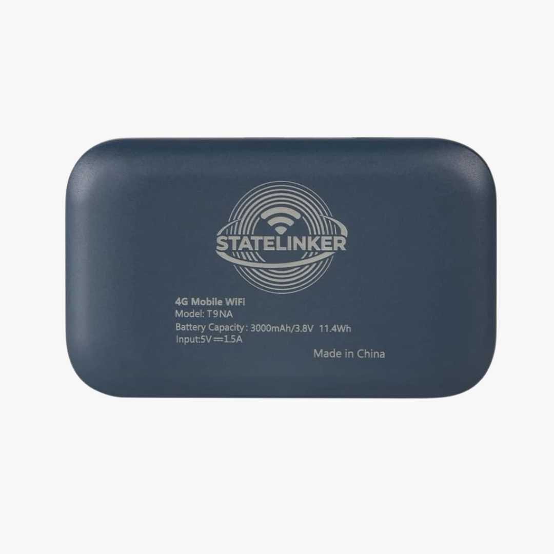 A StateLinker 4G Mobile WiFi device in a dark navy blue finish, featuring a silver printed logo and technical specifications on the front, set against a plain light gray background.