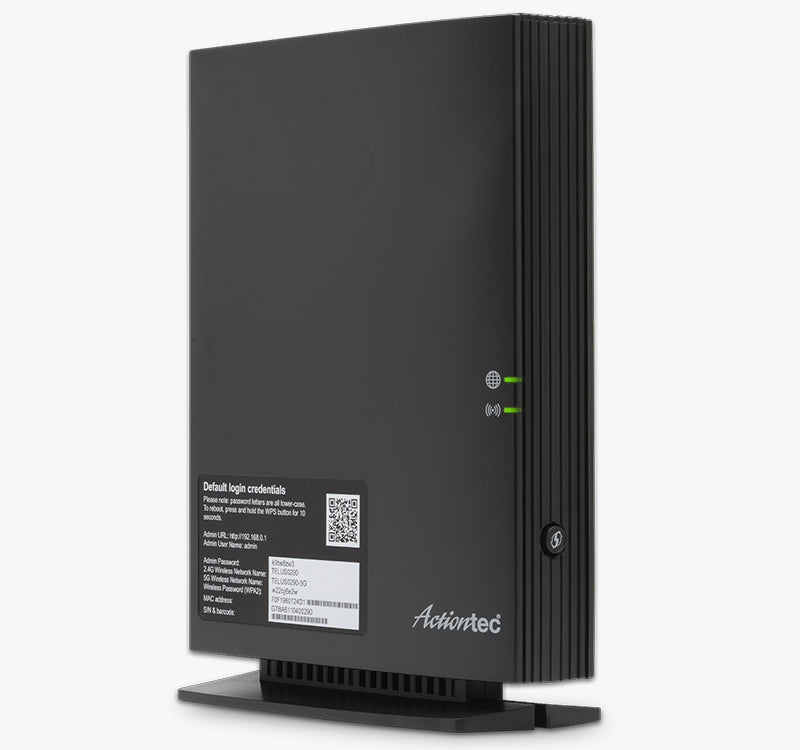 Front view of Actiontec T3200 Dual-Band Wireless Gigabit Modem Router showing vertical design and LED status indicator lights.