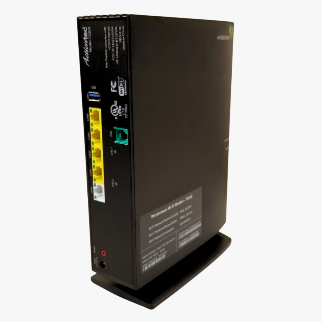 Rear panel of Actiontec T3200 DSL modem router featuring four Gigabit Ethernet ports, WAN/LAN port, USB port, and power connection.