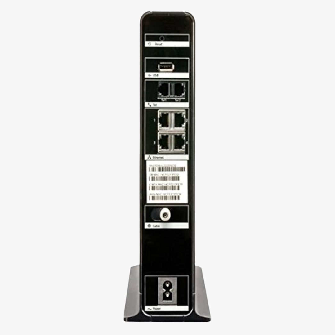 Arris TG2472G rear panel ports including two telephone lines, four Gigabit Ethernet ports, USB, and Coax cable connection.