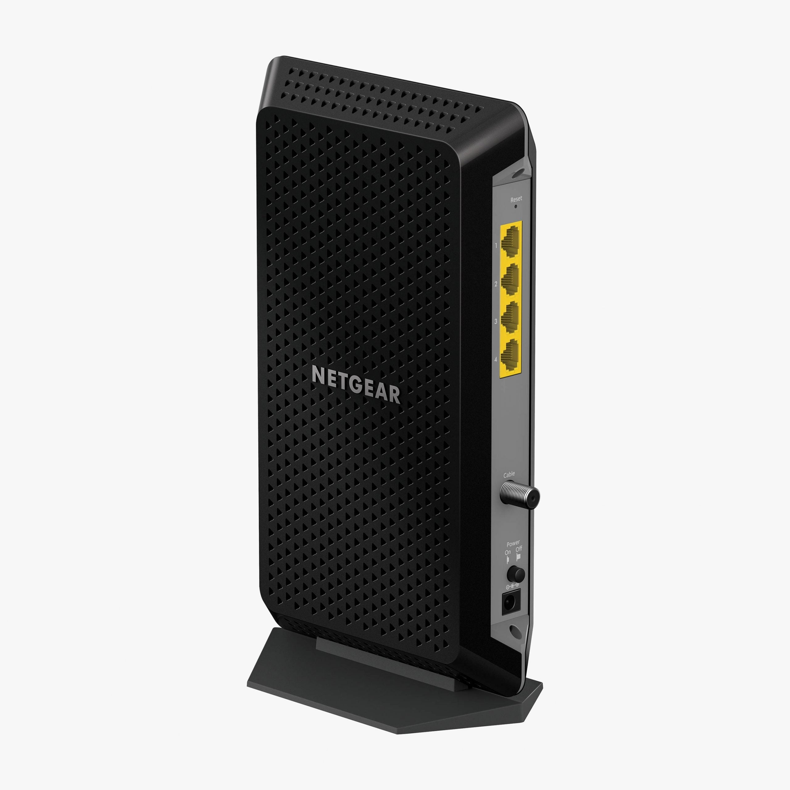 Side profile of the Netgear CM1200 DOCSIS 3.1 modem, highlighting its slim, space-saving vented design for optimal cooling and performance.
