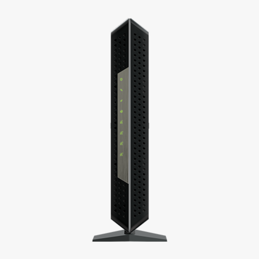 Side profile of the Netgear CM1200 DOCSIS 3.1 modem, highlighting its slim, space-saving vented design for optimal cooling and performance.