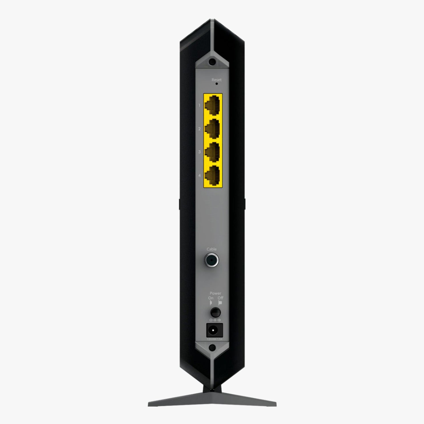 Back panel of the Netgear CM1200 modem featuring four Gigabit Ethernet ports for link aggregation, a coaxial cable input, power port, and reset button