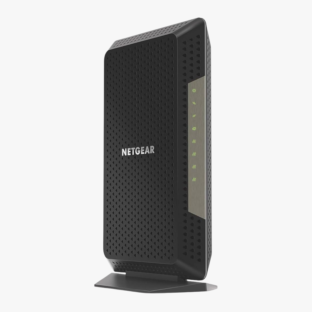 Front view of the Netgear Nighthawk CM1200 cable modem standing vertically, showing the sleek black design and LED status indicator lights for power, downstream, upstream, and internet connectivity.