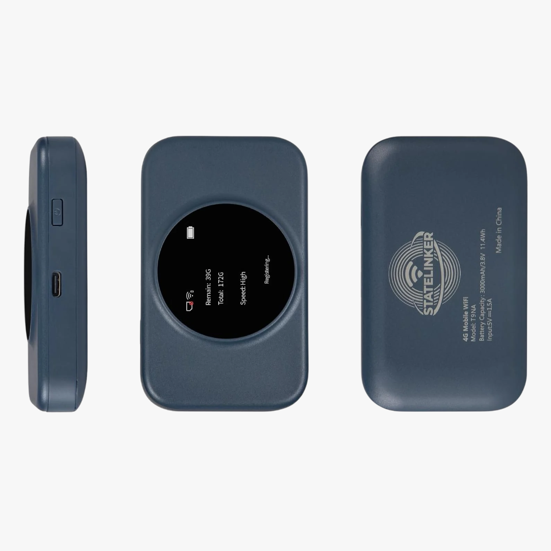 Three views of a slate blue rectangular electronic tracker or GPS device on a light gray background: a side profile view showing a USB-C port, a front view with a circular black display showing battery and signal levels, and a back view with a printed Satellite logo and specifications.